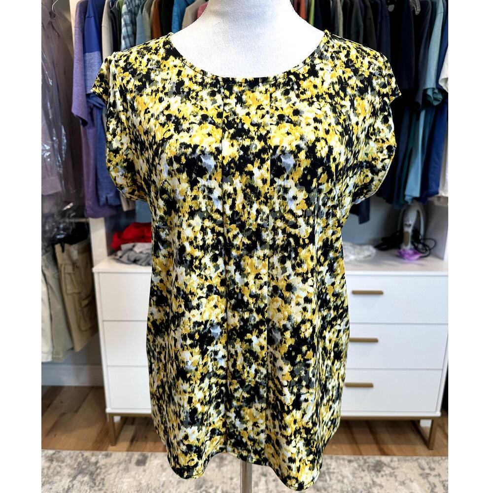 Tahari Women's Abstract Yellow Black Floral Print Cap Sleeve M